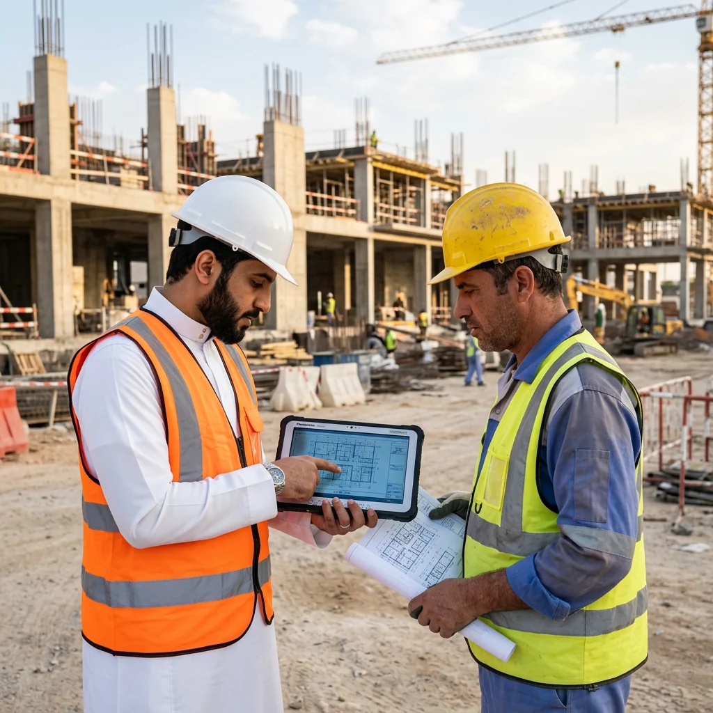 مهندس موقع يراجع المخططات مع المشرف
