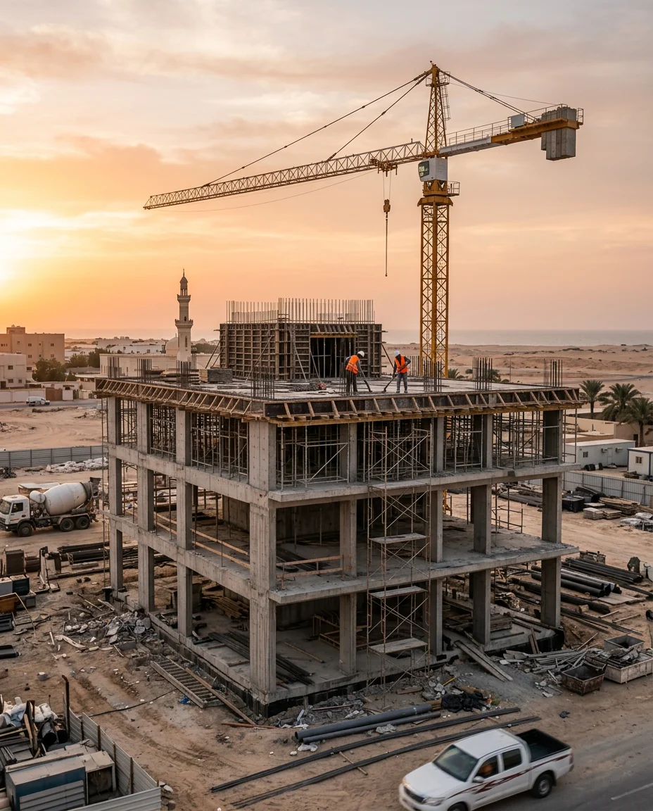 عمارة سكنية قيد الإنشاء مع رافعة