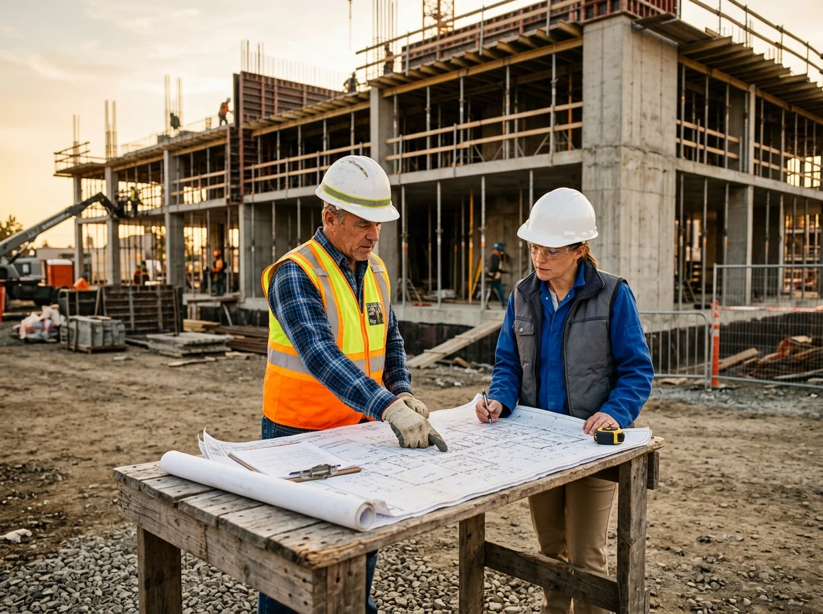 مدير مشروع ومهندس يراجعان المخططات في الموقع